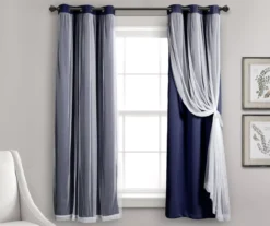 Lush Navy Blackout Grommet Curtain Panel Pair With Sheer Overlay, (63")