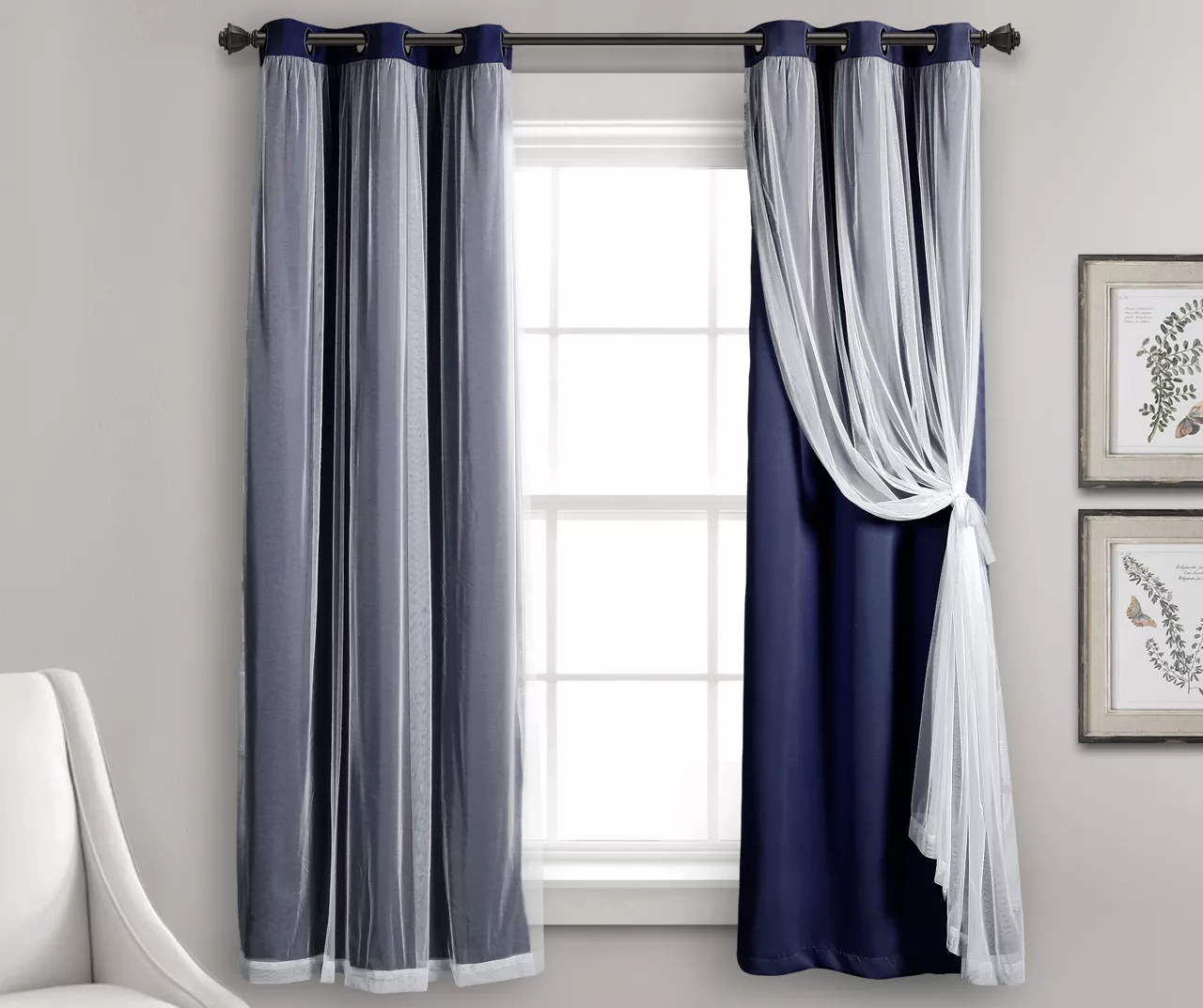 Lush Navy Blackout Grommet Curtain Panel Pair With Sheer Overlay, (63") 1 Lush Navy Blackout Grommet Curtain Panel Pair With Sheer Overlay, (63")