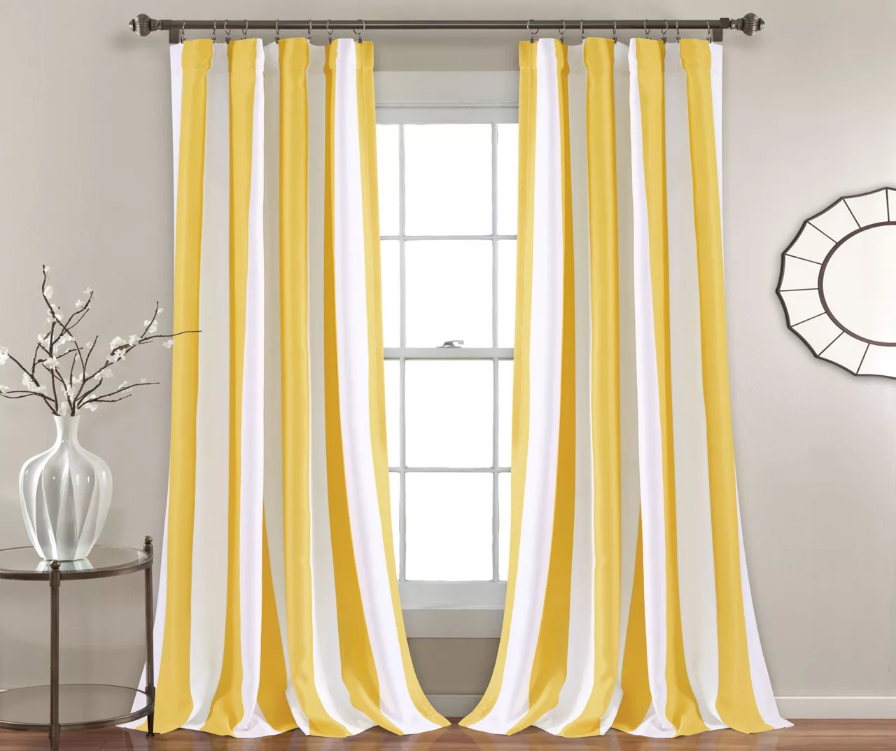 Wilbur Stripe Yellow & White Room-Darkening Back Tab Curtain Panel Pair, (84") 1 Wilbur Stripe Yellow & White Room-Darkening Back Tab Curtain Panel Pair, (84")