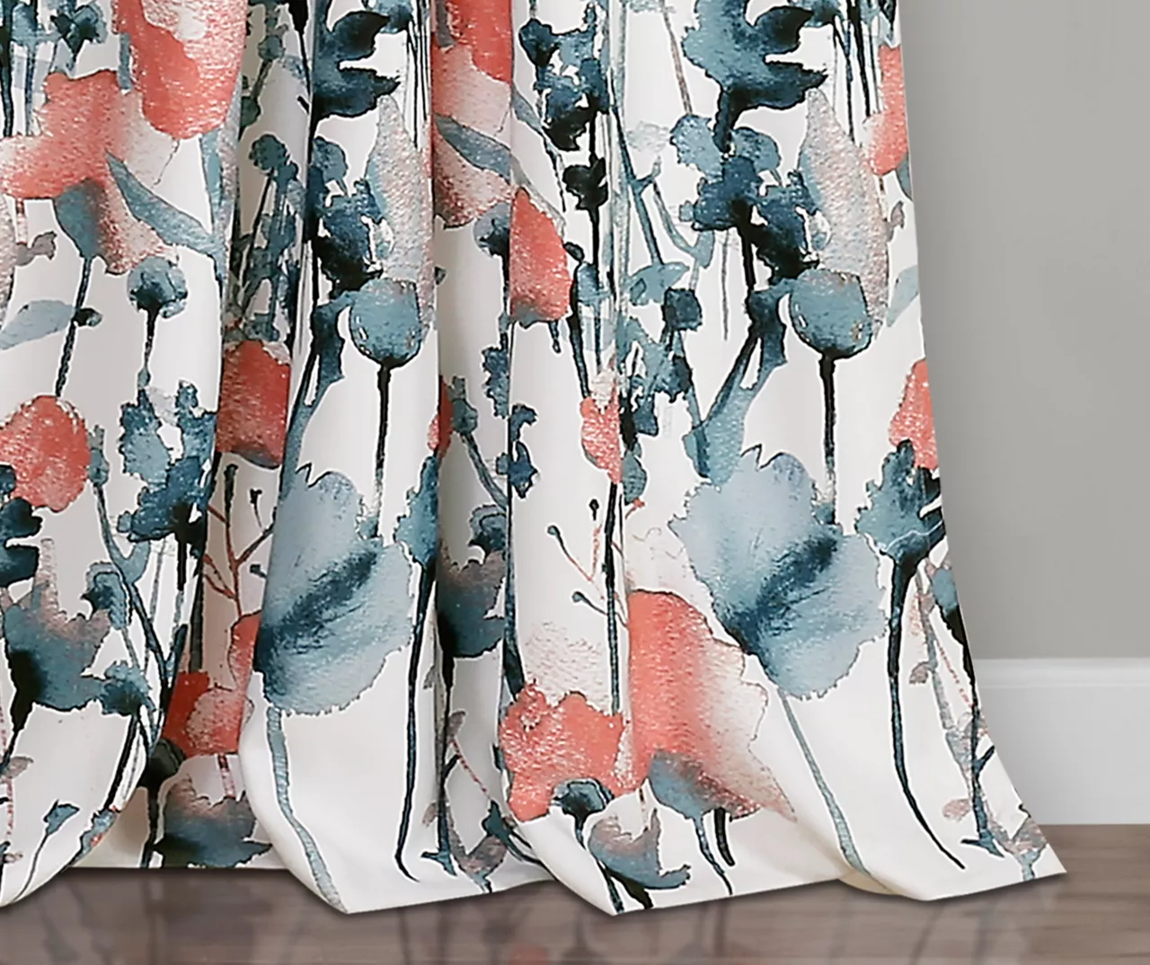 Zuri Flora Blue & Coral Room-Darkening Back Tab Curtain Panel Pair, (95") 4 Zuri Flora Blue & Coral Room-Darkening Back Tab Curtain Panel Pair, (95") - Image 4