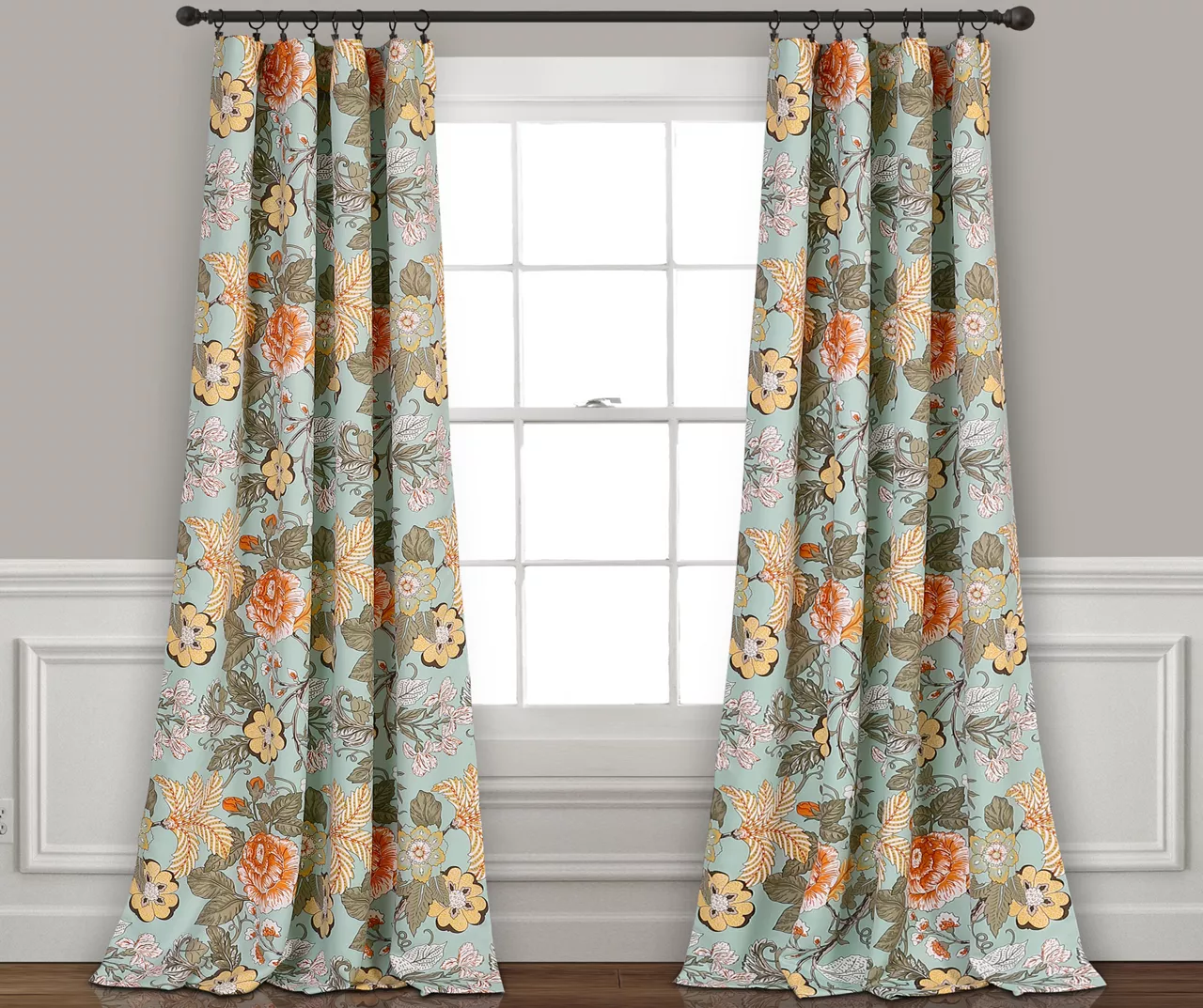 Sydney Blue & Green Floral Room-Darkening Rod Pocket Curtain Panel Pair, (84") 1 Sydney Blue & Green Floral Room-Darkening Rod Pocket Curtain Panel Pair, (84")