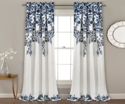 Tanisha Navy & White Floral Room-Darkening Rod Pocket Curtain Panel Pair, (84")