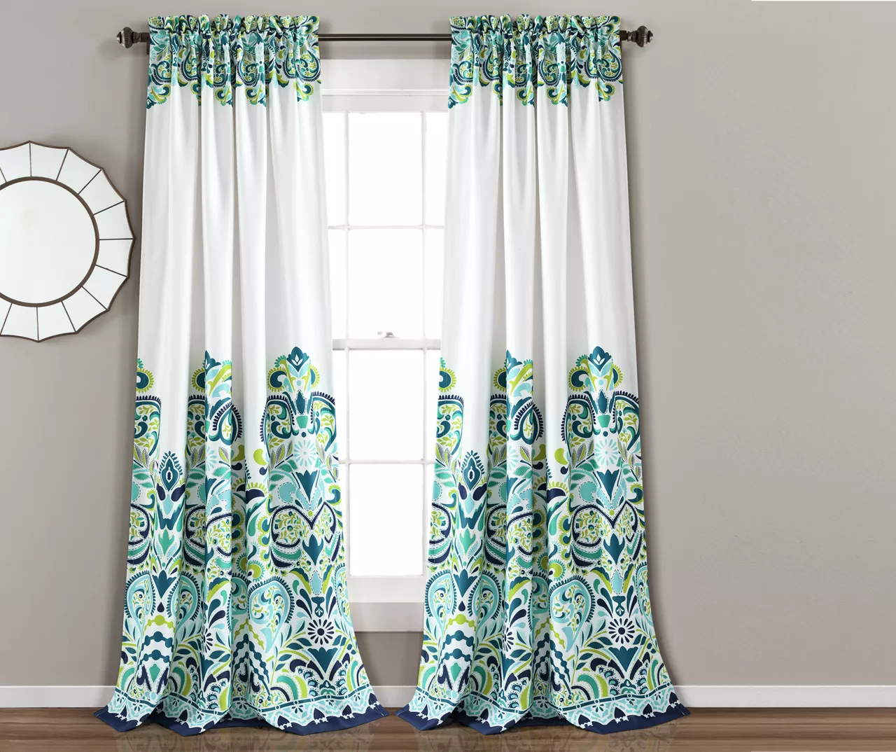 Clara Blue & Green Paisley Room-Darkening Rod Pocket Curtain Panel Pair, (84") 1 Clara Blue & Green Paisley Room-Darkening Rod Pocket Curtain Panel Pair, (84")