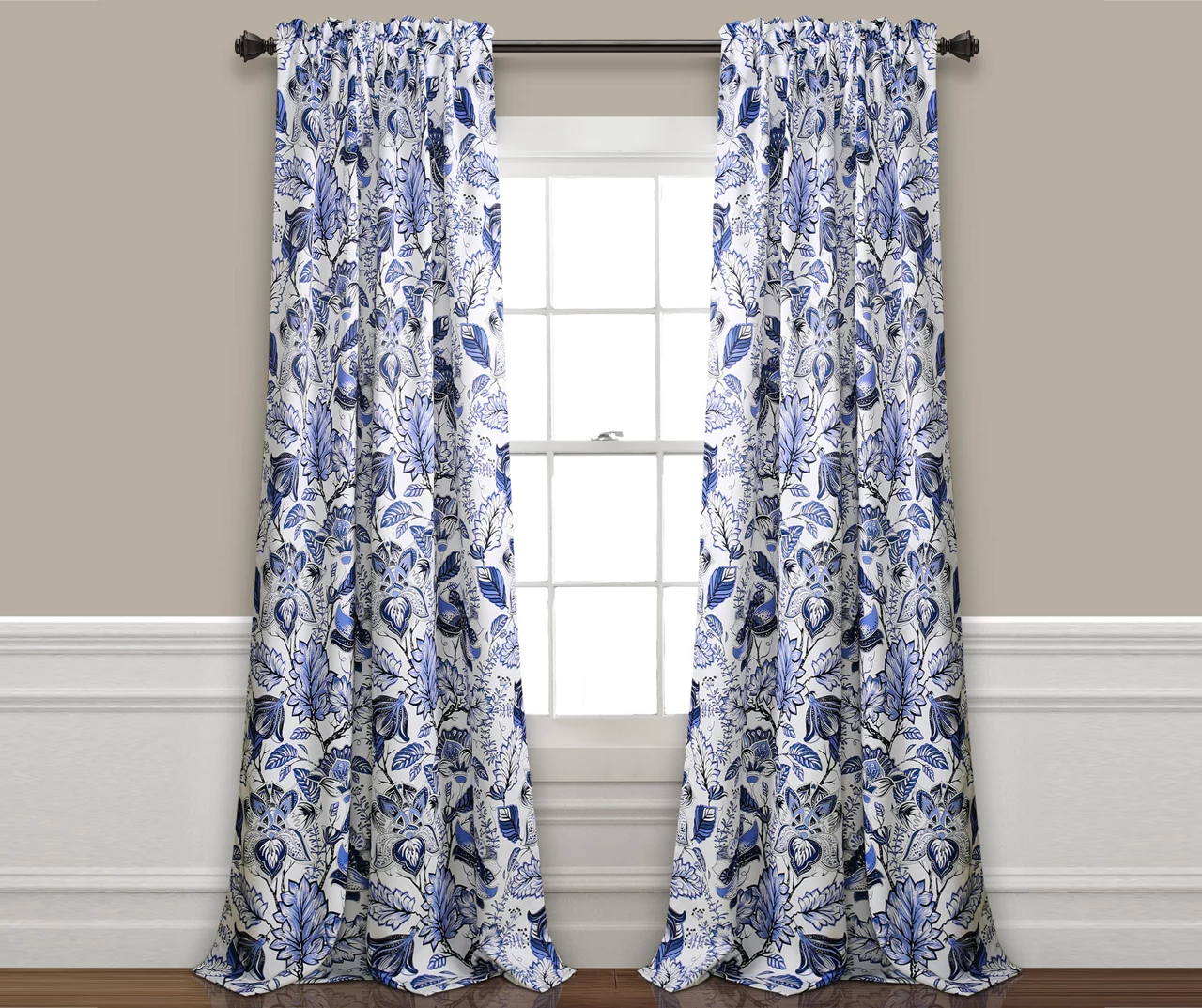 Cynthia Jacobean Blue Room-Darkening Rod Pocket Curtain Panel Pair, (108") 1 Cynthia Jacobean Blue Room-Darkening Rod Pocket Curtain Panel Pair, (108")