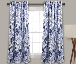 Cynthia Jacobean Blue Room-Darkening Rod Pocket Curtain Panel Pair