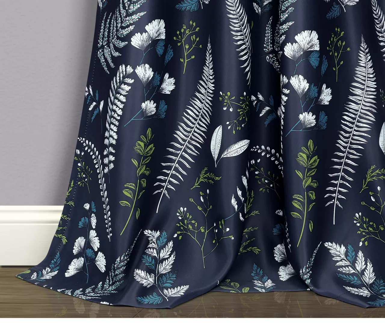 Devonia Allover Navy & Green Floral Room-Darkening Rod Pocket Curtain Panel Pair, (95") 4 Devonia Allover Navy & Green Floral Room-Darkening Rod Pocket Curtain Panel Pair, (95") - Image 4