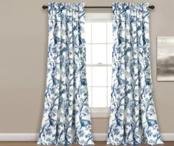 Dolores Blue & White Floral Room-Darkening Rod Pocket Curtain Panel Pair, (84")