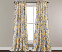 Dolores Yellow & Blue Floral Room-Darkening Rod Pocket Curtain Panel Pair, (108")