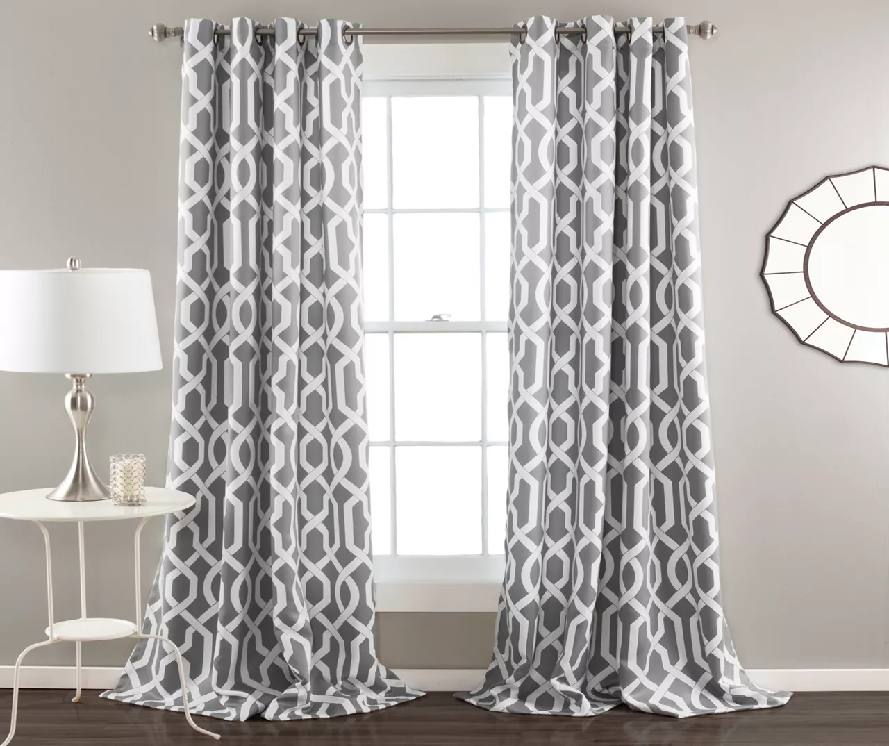 Edward Trellis Gray Room-Darkening Grommet Curtain Panel Pair, (95") 1 Edward Trellis Gray Room-Darkening Grommet Curtain Panel Pair, (95")