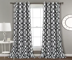 Edward Trellis White & Black Room-Darkening Grommet Curtain Panel Pair, (84")