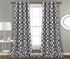 Edward Trellis White & Black Room-Darkening Grommet Curtain Panel Pair, (95")
