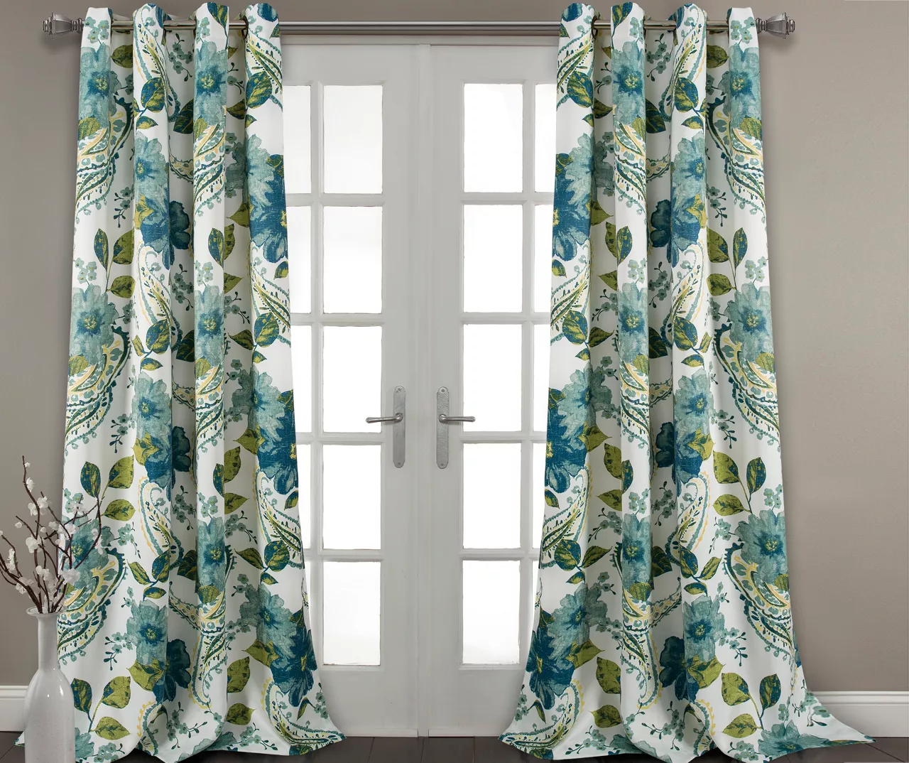 Floral Paisley Blue & Green Room-Darkening Grommet Curtain Panel Pair 3 Floral Paisley Blue & Green Room-Darkening Grommet Curtain Panel Pair - Image 3
