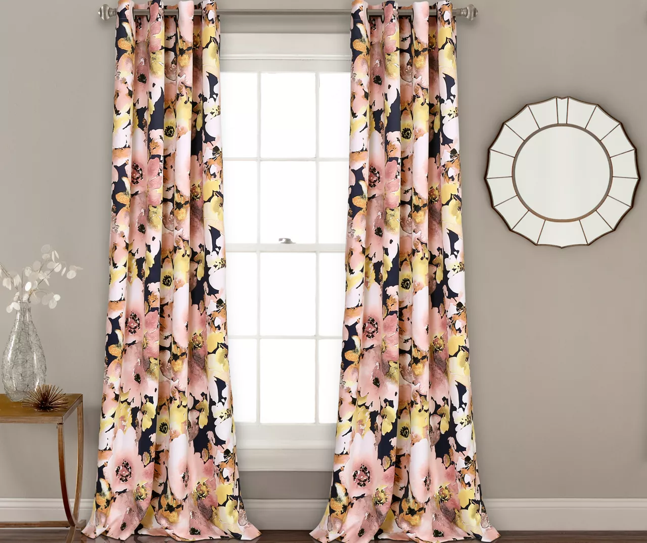 Floral Watercolor Room-Darkening Grommet Curtain Panel Pair, (84") 2 Floral Watercolor Room-Darkening Grommet Curtain Panel Pair, (84") - Image 2