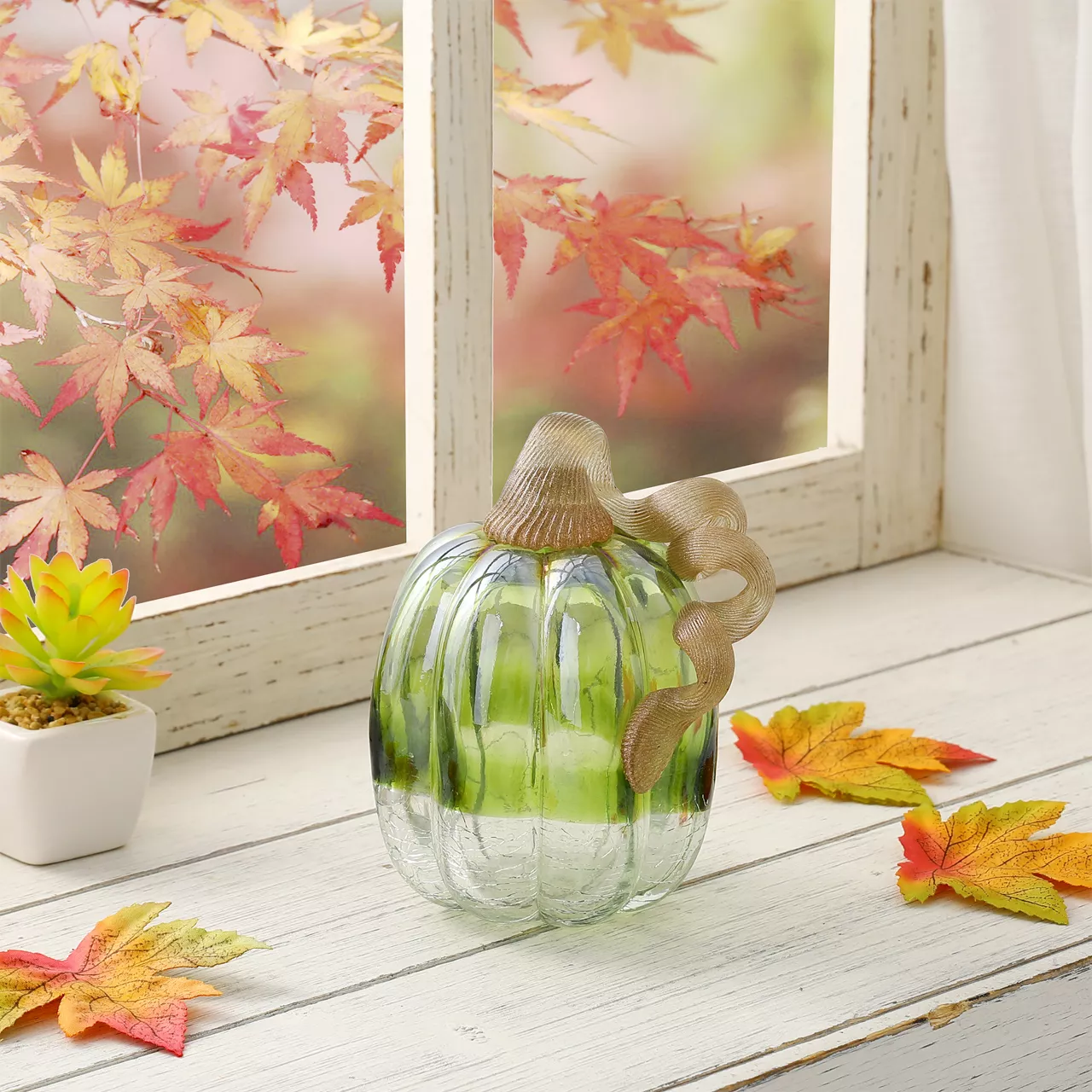 5" Green Crackle Glass Pumpkin 2 5" Green Crackle Glass Pumpkin - Image 2