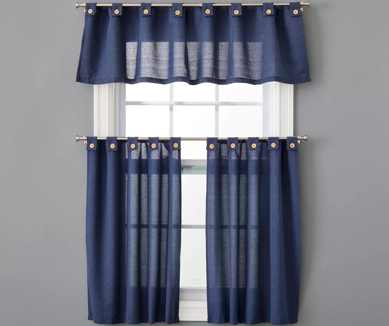Chambray Blue Valance & Tier 3-Piece Curtain Set 1 Chambray Blue Valance & Tier 3-Piece Curtain Set
