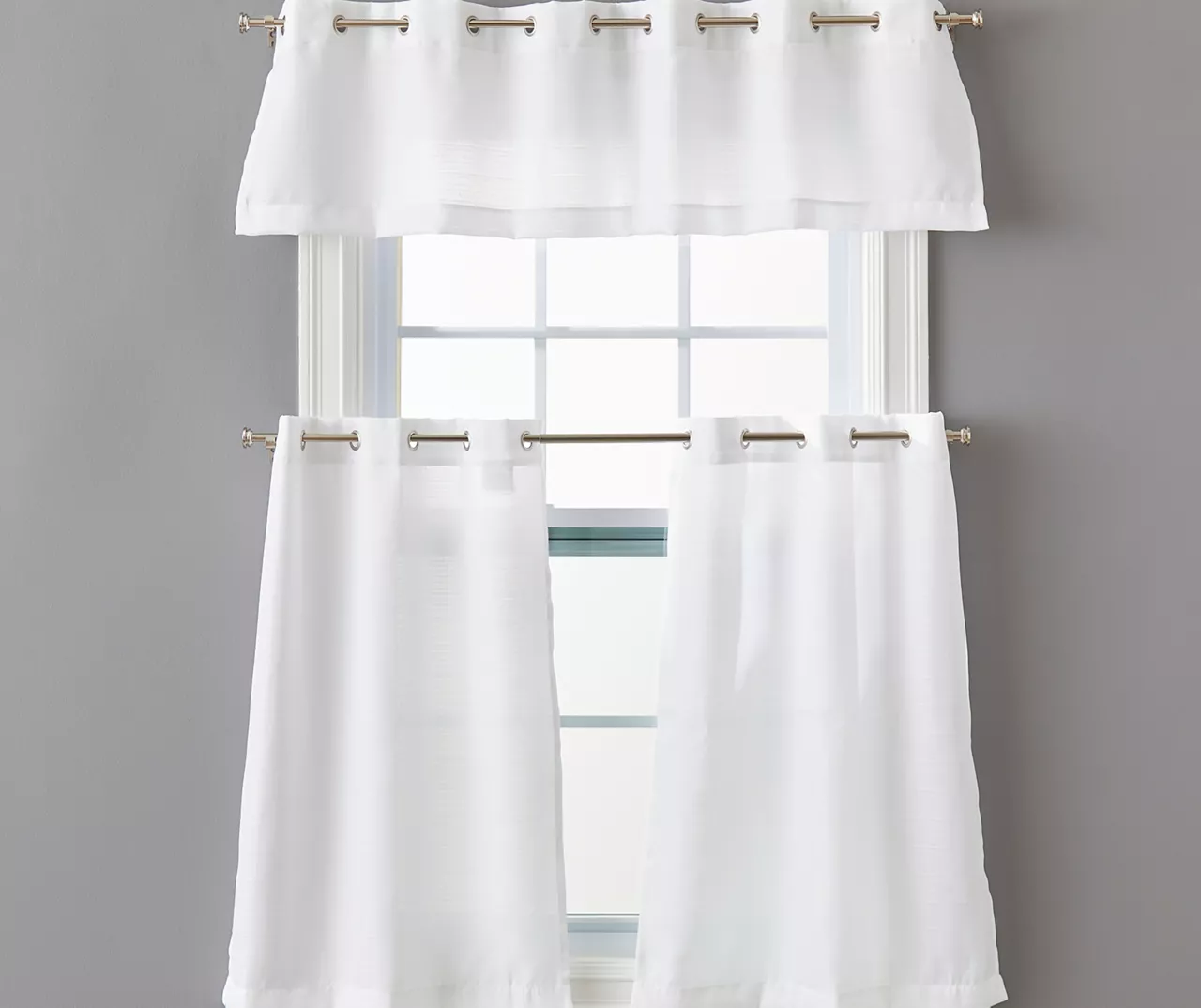 White Tucker Valance & Tier 3-Piece Curtain Set 1 White Tucker Valance & Tier 3-Piece Curtain Set