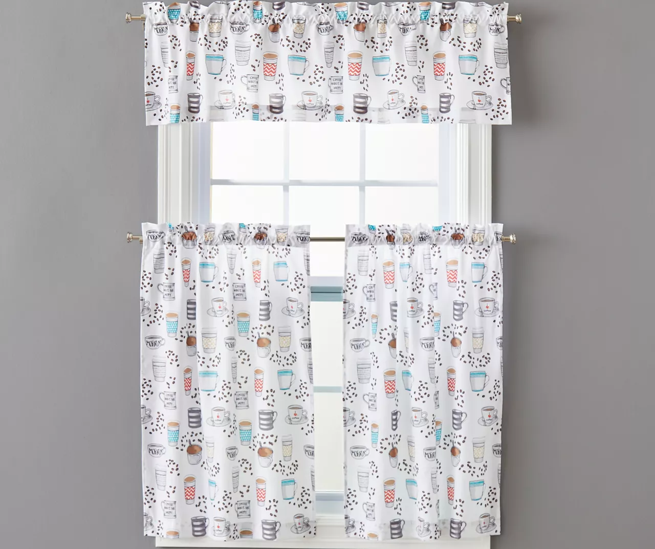 Coffee Print Valance & Tier 3-Piece Curtain Set 1 Coffee Print Valance & Tier 3-Piece Curtain Set