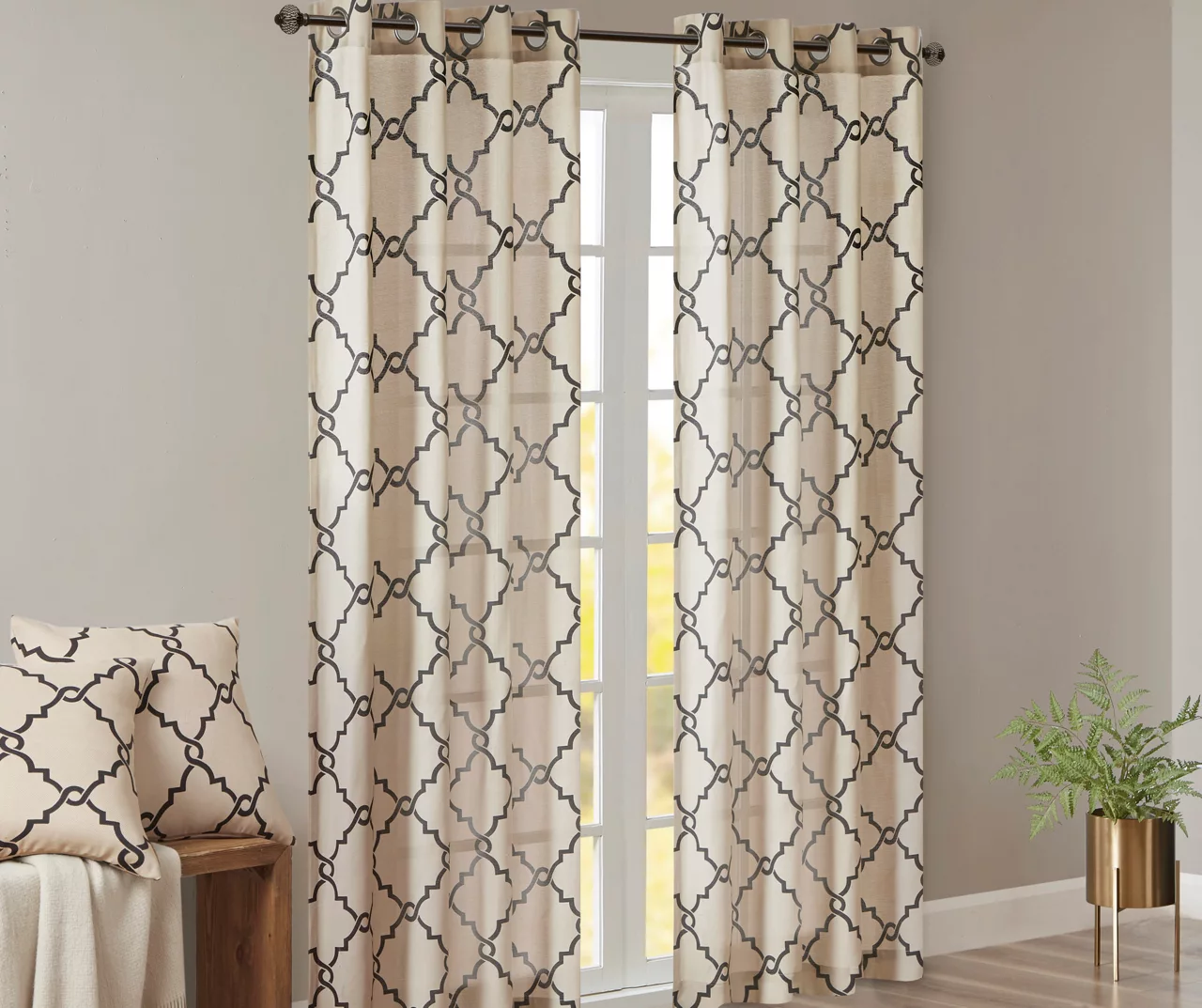 Sereno Fretwork Khaki Light-Filtering Grommet Curtain Panel, (63") 2 Sereno Fretwork Khaki Light-Filtering Grommet Curtain Panel, (63") - Image 2