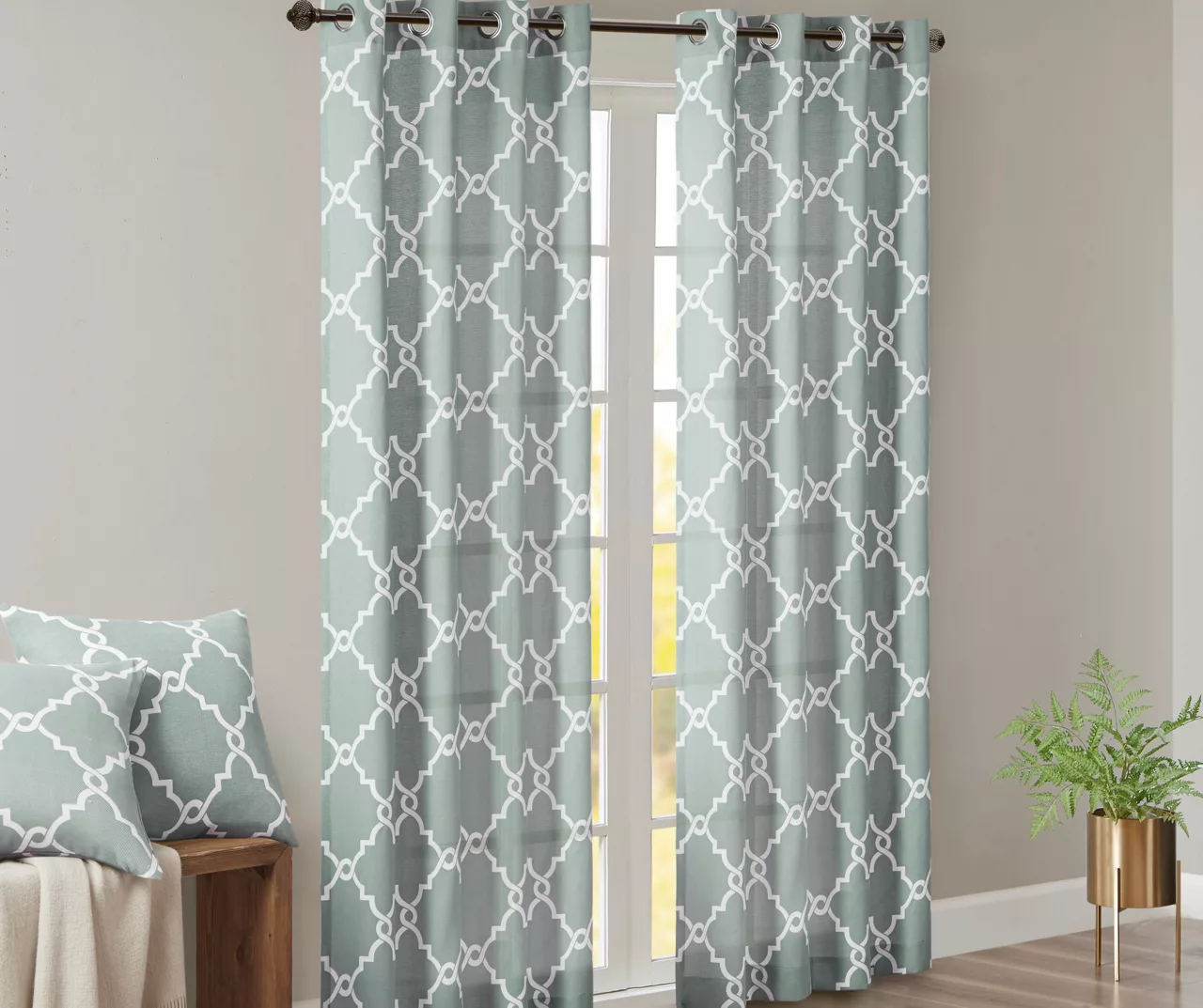 Sereno Fretwork Seafoam Light-Filtering Grommet Curtain Panel, (63") 2 Sereno Fretwork Seafoam Light-Filtering Grommet Curtain Panel, (63") - Image 2