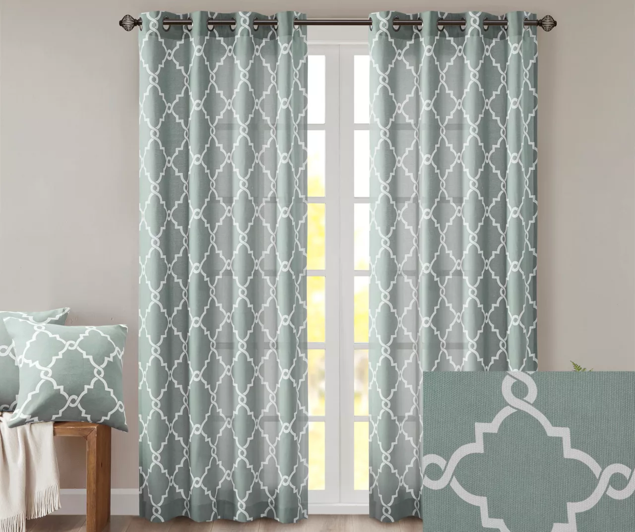 Sereno Fretwork Seafoam Light-Filtering Grommet Curtain Panel, (63") 3 Sereno Fretwork Seafoam Light-Filtering Grommet Curtain Panel, (63") - Image 3