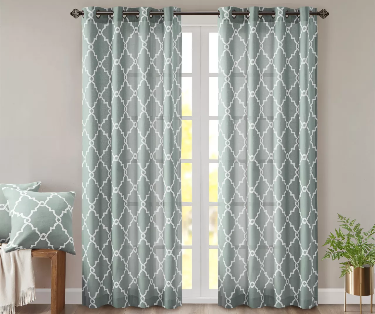 Sereno Fretwork Seafoam Light-Filtering Grommet Curtain Panel, (63") 1 Sereno Fretwork Seafoam Light-Filtering Grommet Curtain Panel, (63")