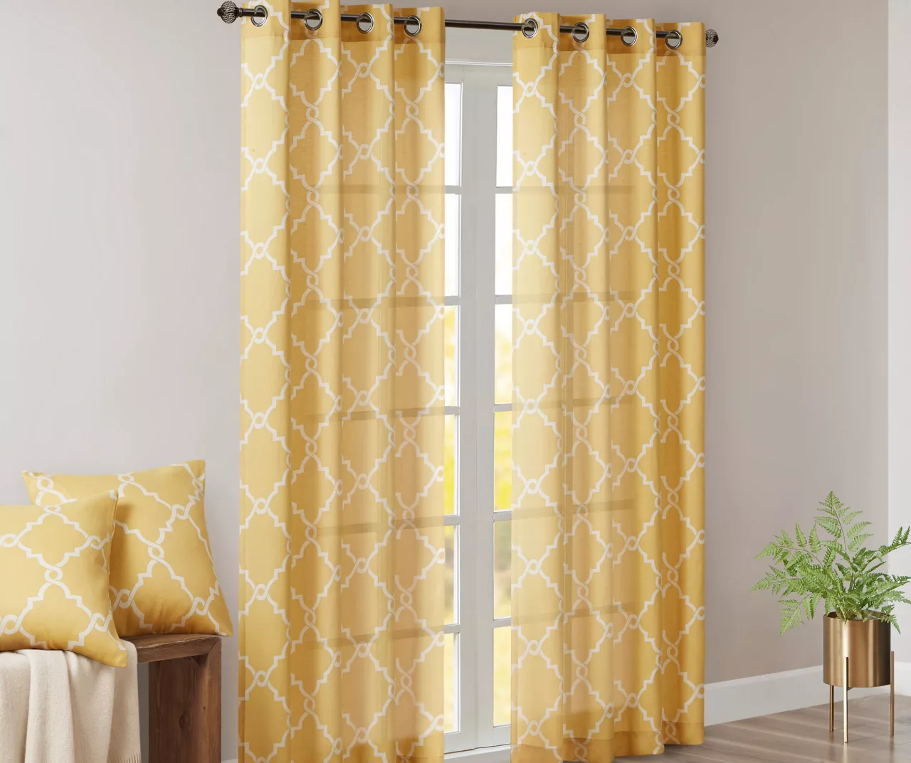 Sereno Fretwork Yellow Light-Filtering Grommet Curtain Panel, (63") 2 Sereno Fretwork Yellow Light-Filtering Grommet Curtain Panel, (63") - Image 2