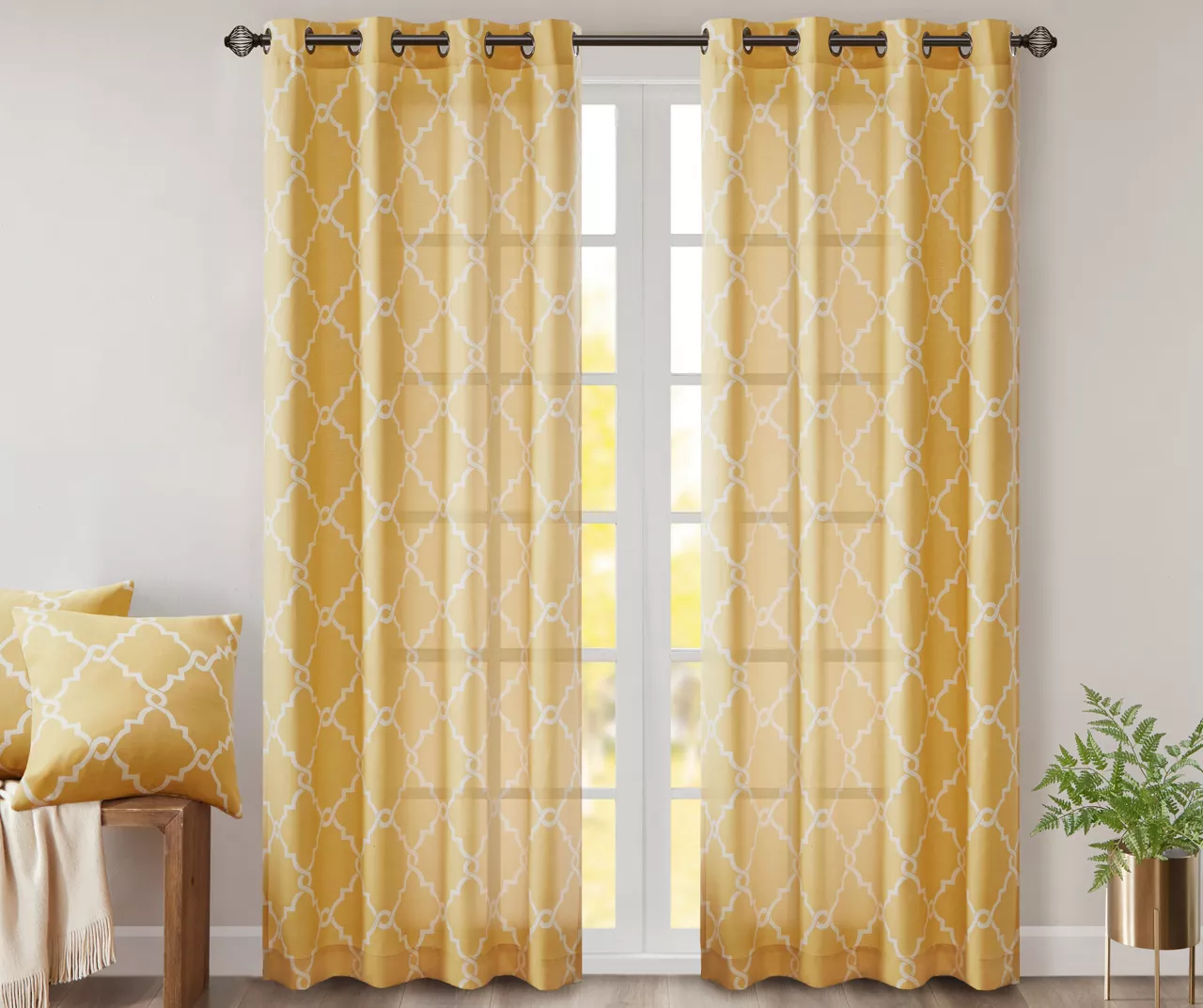Sereno Fretwork Yellow Light-Filtering Grommet Curtain Panel, (63") 1 Sereno Fretwork Yellow Light-Filtering Grommet Curtain Panel, (63")