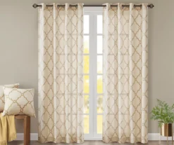 Sereno Fretwork Beige & Gold Light-Filtering Grommet Curtain Panel, (63")