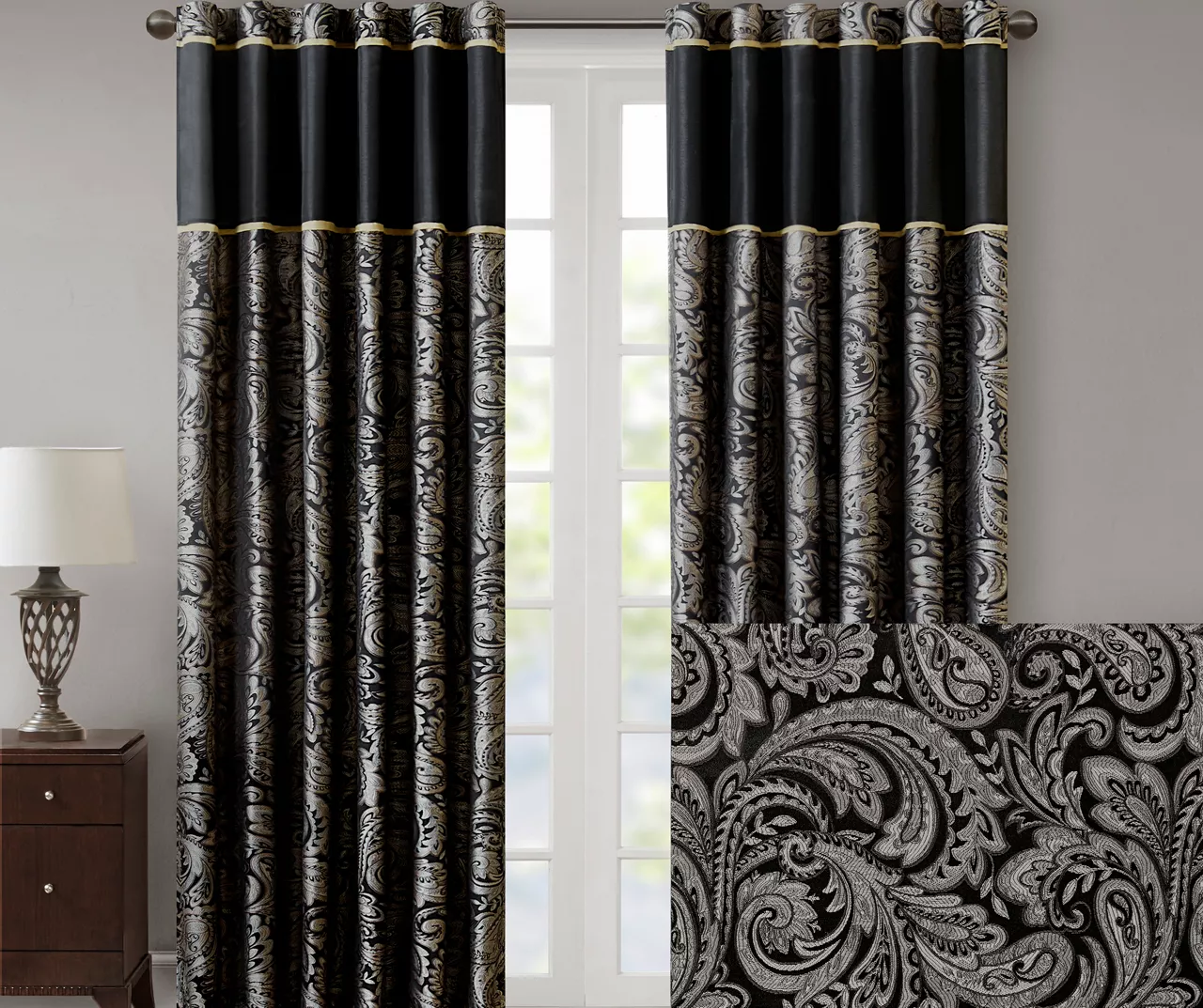 Valerie Black Light-Filtering Rod Pocket Curtain Panel Pair, (84") 3 Valerie Black Light-Filtering Rod Pocket Curtain Panel Pair, (84") - Image 3