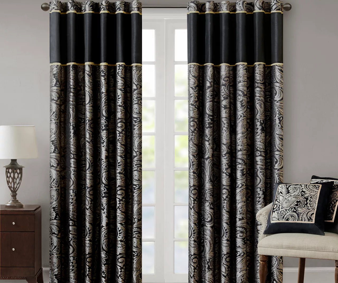 Valerie Black Light-Filtering Rod Pocket Curtain Panel Pair, (84") 1 Valerie Black Light-Filtering Rod Pocket Curtain Panel Pair, (84")