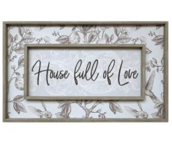 "House Full Of Love" Blue & Brown Botanical Linen-Print Wall Plaque