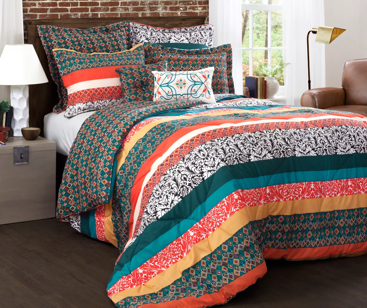 Turquoise, Mustard & Red Boho Floral Color Block King 7-Piece Comforter Set 1 Turquoise, Mustard & Red Boho Floral Color Block King 7-Piece Comforter Set