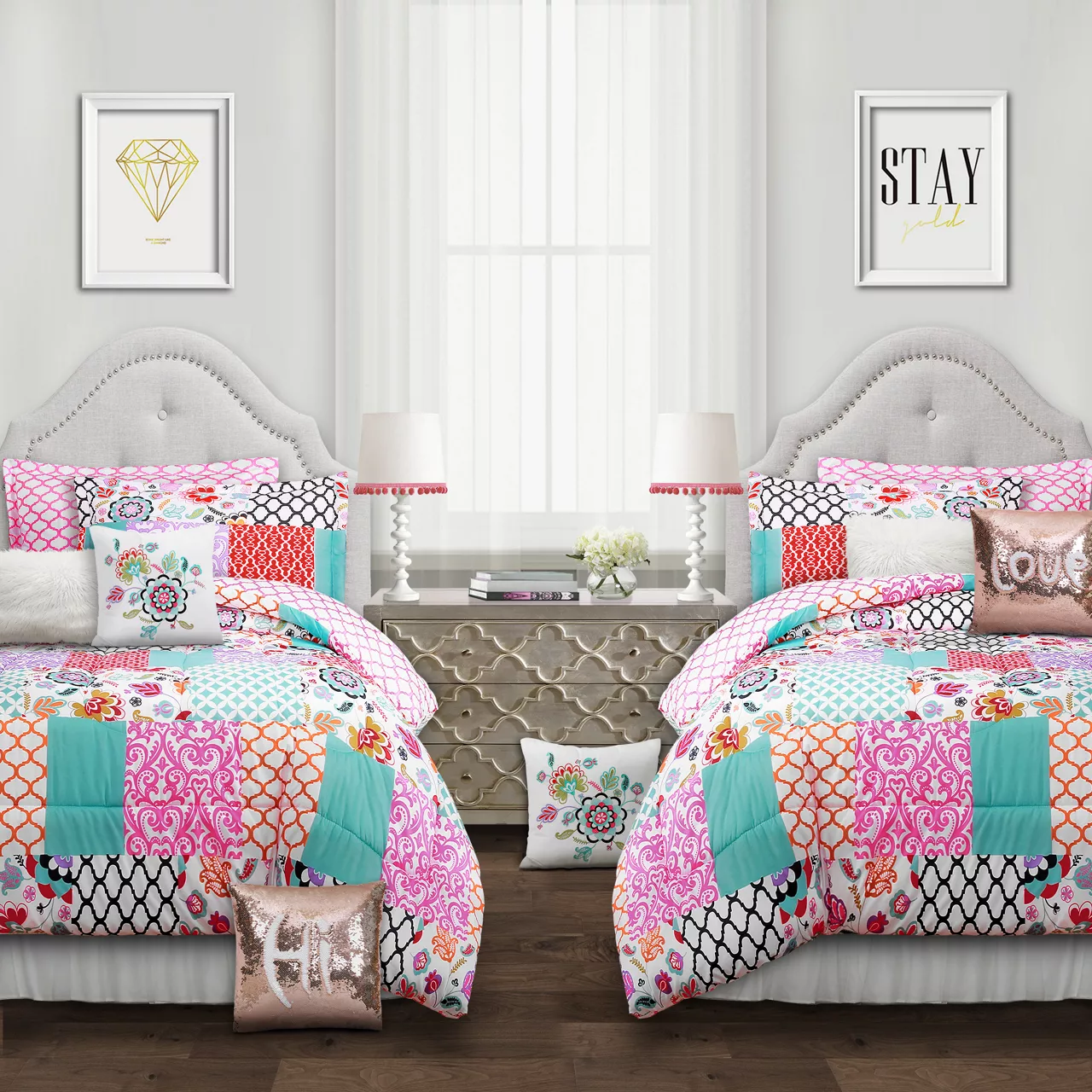 Brookdale White, Pink & Teal Pattern Patchwork Twin 5-Piece Comforter Set 5 Brookdale White, Pink & Teal Pattern Patchwork Twin 5-Piece Comforter Set - Image 5