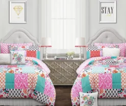 Brookdale White, Pink & Teal Pattern Patchwork Twin 5-Piece Comforter Set