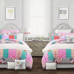 Brookdale White, Pink & Teal Pattern Patchwork Twin 5-Piece Comforter Set 8 Brookdale White, Pink & Teal Pattern Patchwork Twin 5-Piece Comforter Set -Home Decor Store 810552905 3