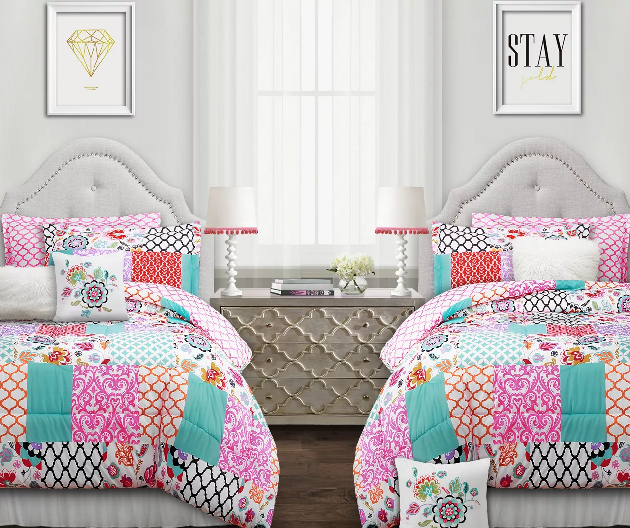 Brookdale White, Pink & Teal Pattern Patchwork Twin 5-Piece Comforter Set 1 Brookdale White, Pink & Teal Pattern Patchwork Twin 5-Piece Comforter Set