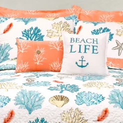 White, Coral & Blue Coastal Reef King 7-Piece Quilt Set -Home Decor Store 810552983 2