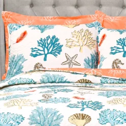 White, Coral & Blue Coastal Reef King 7-Piece Quilt Set -Home Decor Store 810552983 31