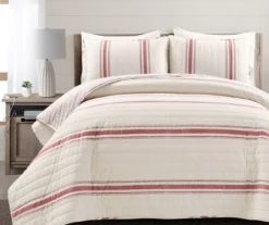 Beige & Red Stripe Full/Queen 3-Piece Quilt Set