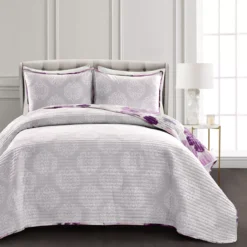 Leah Gray & Purple Floral Full/Queen 3-Piece Quilt Set -Home Decor Store 810553027 21