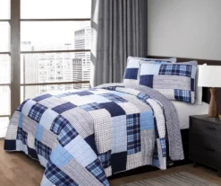 Greenville Navy & Blue Plaid Patchwork Full/Queen 3-Piece Quilt Set -Home Decor Store 810553070 2
