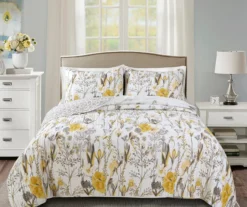 Adalia White & Yellow Floral Full/Queen 3-Piece Quilt Set