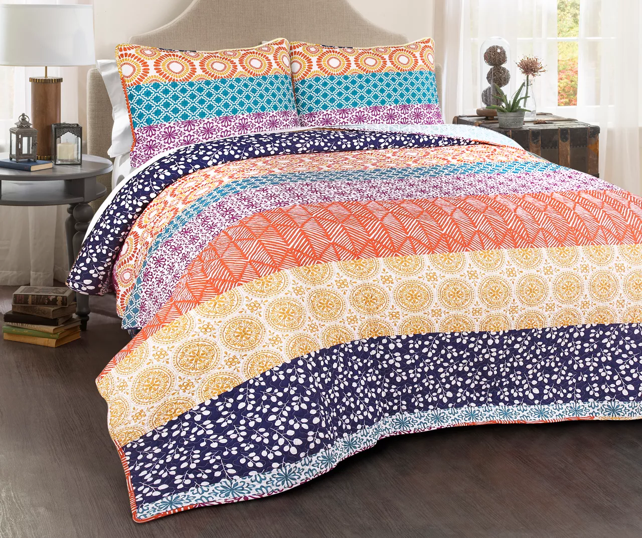 Fuchsia & Orange Bohemian Pattern Stripe Reversible King 3-Piece Quilt Set 1 Fuchsia & Orange Bohemian Pattern Stripe Reversible King 3-Piece Quilt Set