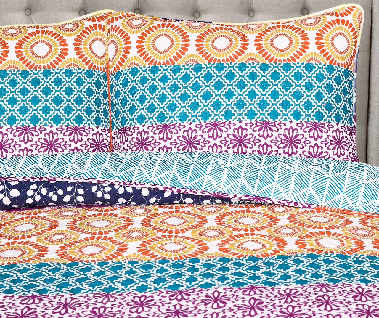 Fuchsia & Orange Bohemian Pattern Stripe Reversible King 3-Piece Quilt Set 2 Fuchsia & Orange Bohemian Pattern Stripe Reversible King 3-Piece Quilt Set - Image 2