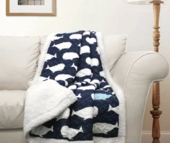 Navy & White Whale Print Quilted Sherpa Throw, (50" X 60")