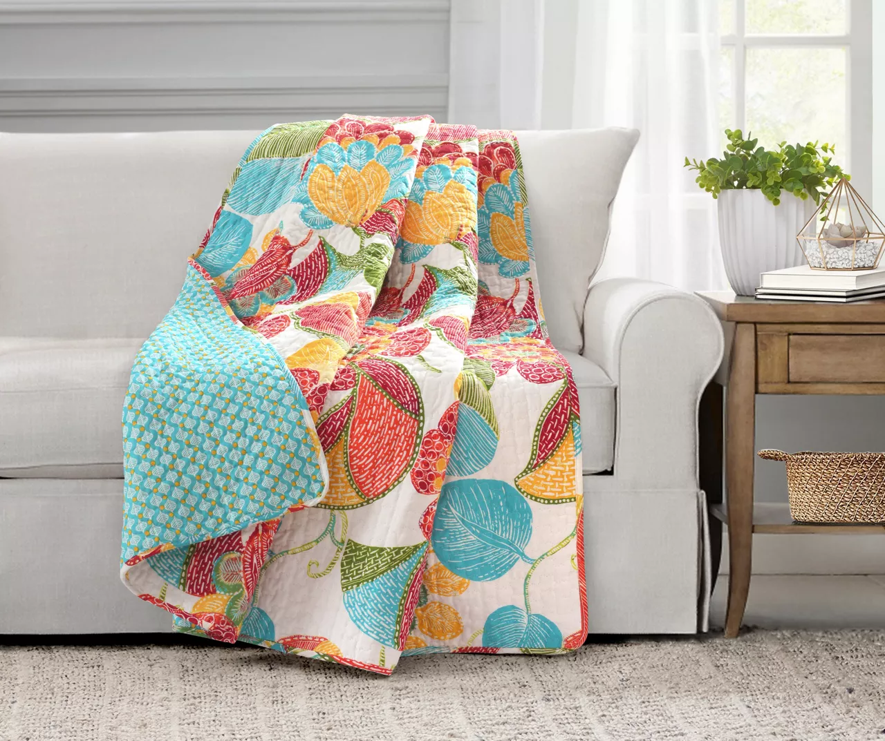 Layla Orange & Blue Floral Quilted Throw, (50" X 60") 1 Layla Orange & Blue Floral Quilted Throw, (50" X 60")
