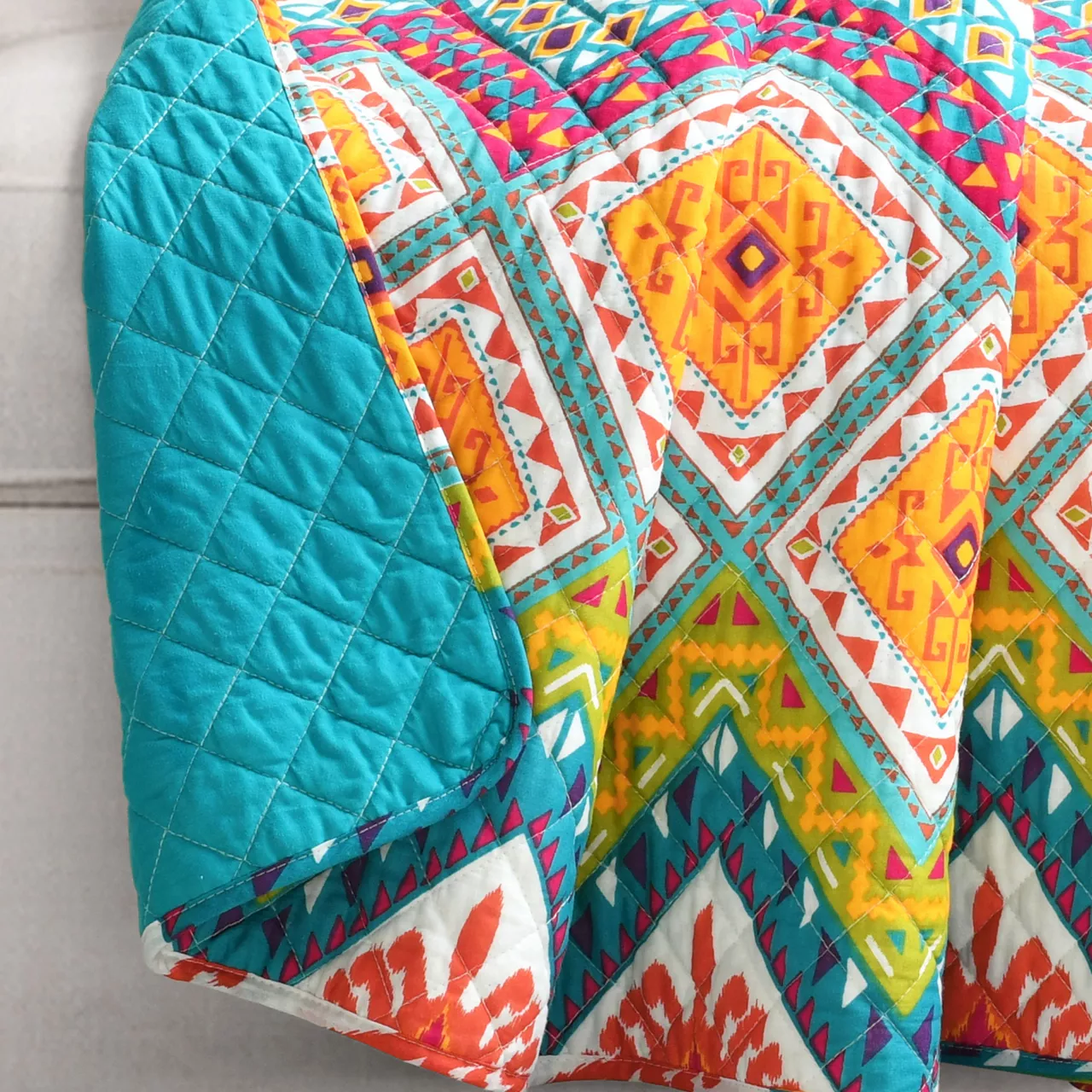 Orange & Turquoise Geometric Boho Quilted Throw, (50" X 60") 2 Orange & Turquoise Geometric Boho Quilted Throw, (50" X 60") - Image 2