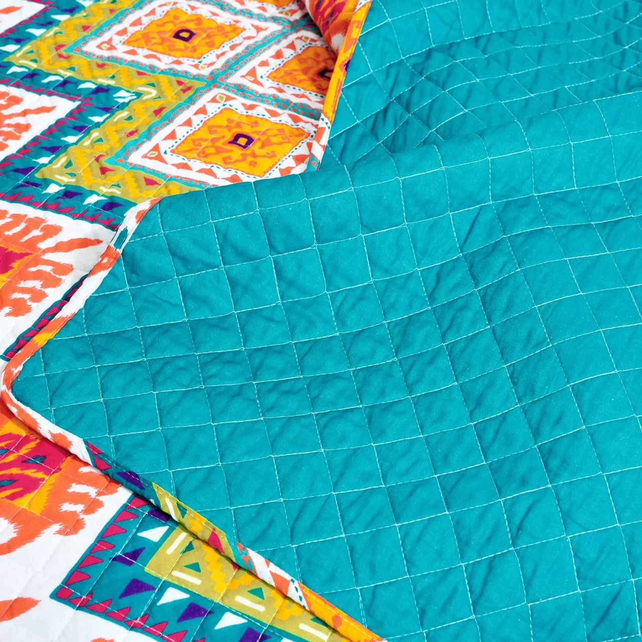 Orange & Turquoise Geometric Boho Quilted Throw, (50" X 60") 6 Orange & Turquoise Geometric Boho Quilted Throw, (50" X 60") - Image 6