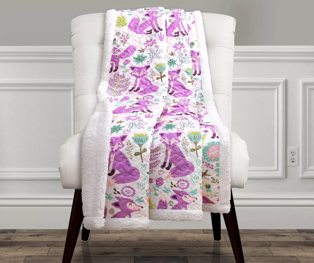 Pixie White & Purple Floral Fox Quilted Sherpa Throw, (50" X 60") 1 Pixie White & Purple Floral Fox Quilted Sherpa Throw, (50" X 60")
