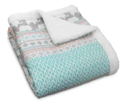 Turquoise & Pink Elephant Stripe Quilted Sherpa Throw, (50" X 60") -Home Decor Store 810553499 2